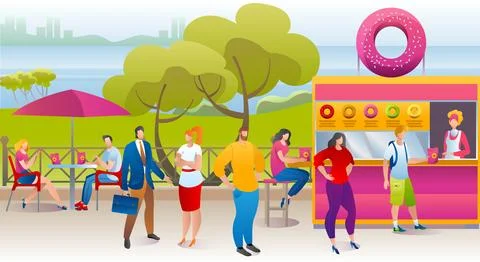 People in park cafe, donuts kiosk, street sweet food truck vector illustration Stock Illustration