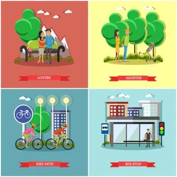 People in park concept banners vector set. Time with kids and friends Ilustración de archivo
