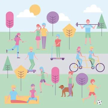 People in the park doing activities Ilustración de archivo