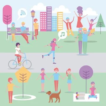 People in the park doing activities Ilustración de archivo