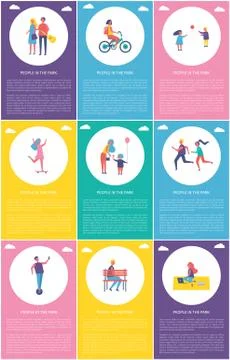 People in Park Posters Set Vector Illustration Ilustración de archivo