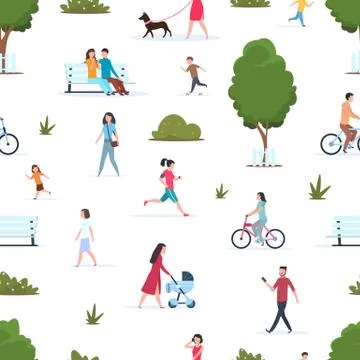 People in park seamless pattern. Active persons walking running in nature Stock Illustration