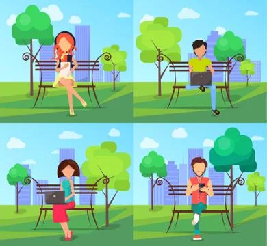 People in Park Using Modern Computer Technologies Stock Illustration
