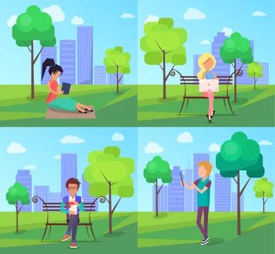People in Park Using Modern Computer Technologies Illustrazione stock