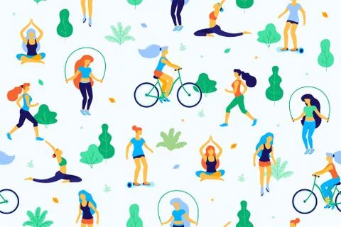 People in the park vector flat illustration. Women walk in the park and do Stock Illustration