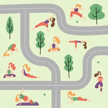 People in the park vector flat illustration. Women walk in the park and do sp Ilustración de archivo