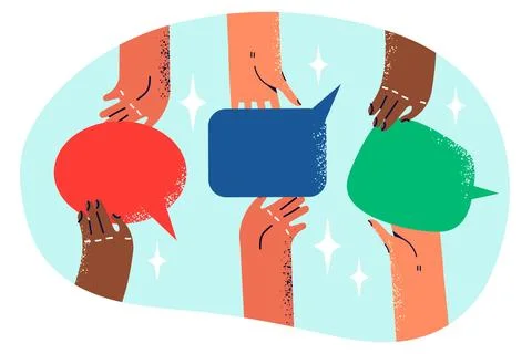 People passing dialogue bubbles from hand to hand symbolizing teamwork and Stock Illustration