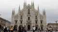 People Passing Historic Duomo Dome Milan Most Famous Cathedral Italy Skyline Day HD Footage