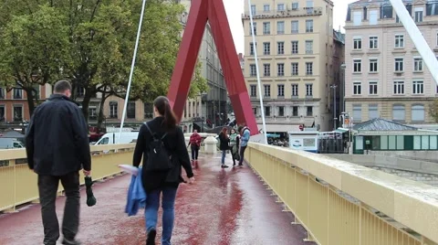 People passing through the bridge over the river Saone. Lyon France 스톡 동영상 47827861
