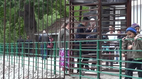 People passing through a rotating gate at the exit of an outdoor museum 58 Stock Footage 58736769