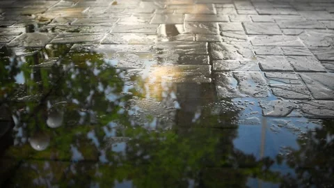 People pedestrian reflections in a puddle on a footpath Stock-Footage 154157364
