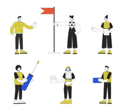 People performing tasks linear flat color vector characters set Ilustración de archivo