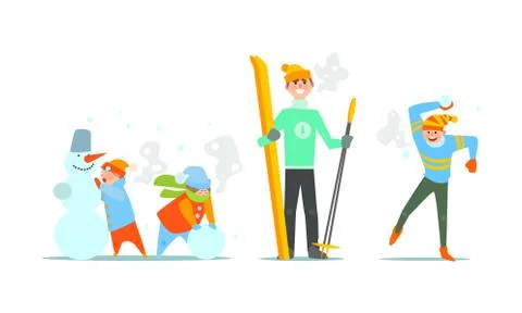 People performing winter activities, warmly dressed people skiing, playing Stock Illustration