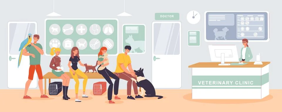 People pet queue at veterinary clinic reception イラスト素材