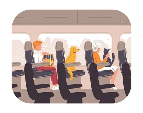 People with pets on the train, vector illustration in flat cartoon style Illustrazione stock