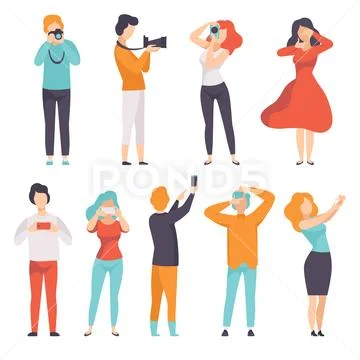 People photographing set, young men and women taking photos with cameras vector Stock Illustration