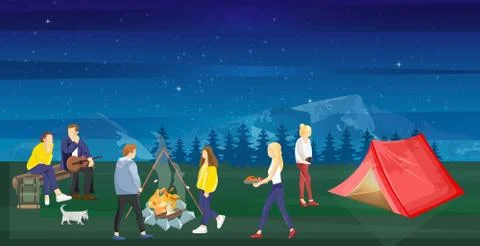People at a picnic Vector flat style. Night camping park nature backgrounds Ilustración de archivo