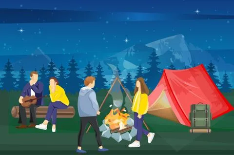 People at a picnic Vector flat style. Night camping park nature backgrounds Ilustración de archivo