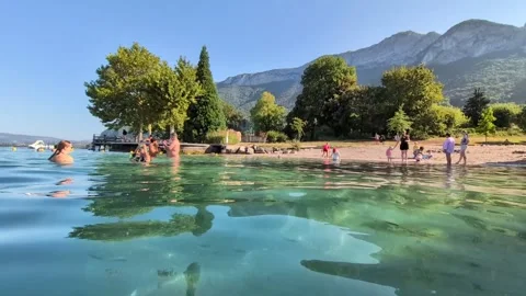 People at Plage de la Brune, Veyrier du Lac, Lake Annecy, France, 5 August 2026 Video stock 342448685