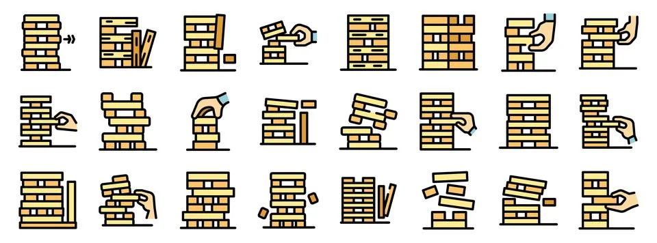 People playing block stacking game and building wooden tower Ilustración de archivo
