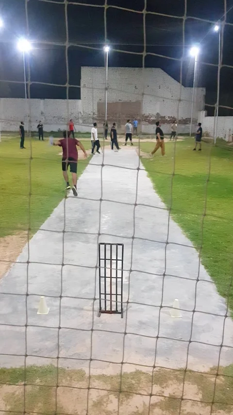 People playing cricket in cage covered with net at night. Stock Footage 346106193