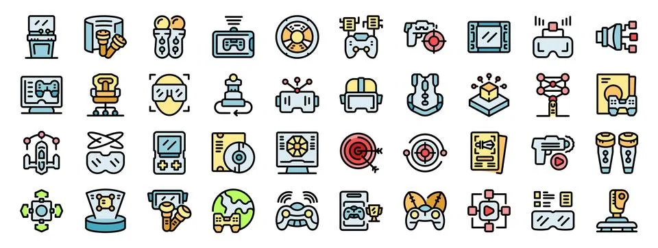 People playing games using virtual reality technology and devices icon set Stock Illustration
