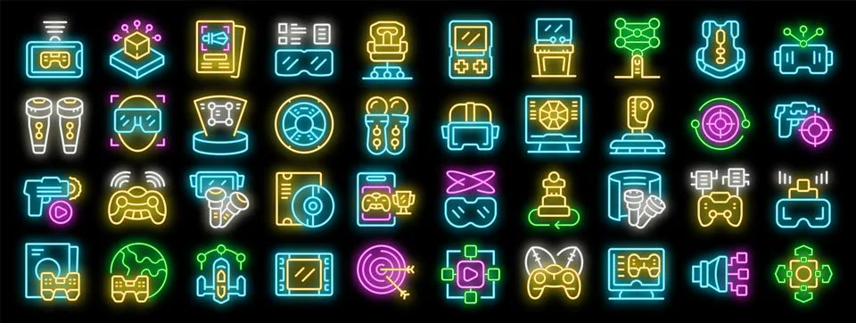 People playing games using virtual augmented reality neon icons set vector Stock Illustration