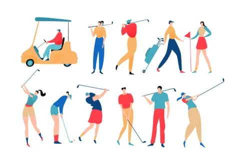 People playing golf, set of isolated cartoon characters, vector illustration Illustrazione stock
