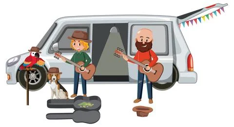 People playing guitars by the van Stock Illustration