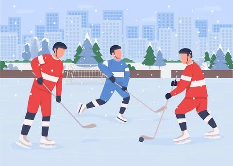 People playing hockey on ice rink flat color vector illustration Stock Illustration