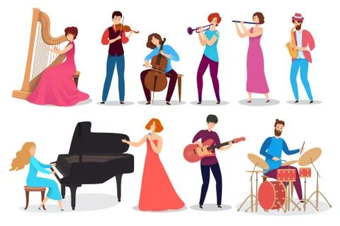 People playing musical instruments, set of isolated cartoon characters, vector Stock Illustration
