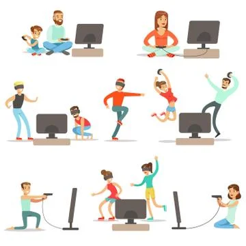 People Playing Video Games With High Tech Technologies Collection Of Happy Stock Illustration