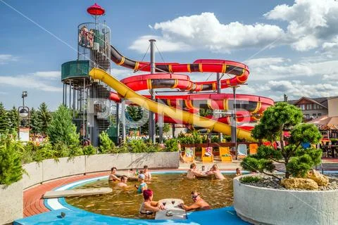 People in pools at aquapark Besenova, Slovakia Stock Photos