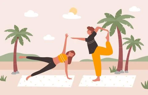 People practice yoga on beach vector illustration, cartoon happy young family or Illustrazione stock