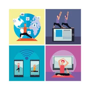 People practicing online exercise and yoga for quarantine Stock Illustration
