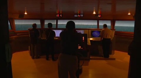 People practicing on the ship maneuvering simulator. Port of Kaohsiung, Taiwan. Stock Footage 66445551