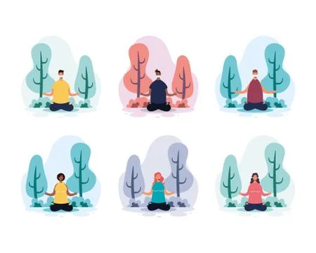 People practicing social distancing amd yoga in park Ilustración de archivo