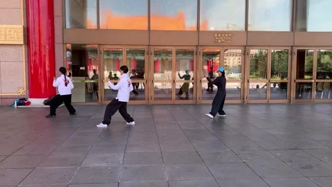 People Practicing Tai Chi Outside National Theater, Taipei (4th Jan 2020) Видео 344043324