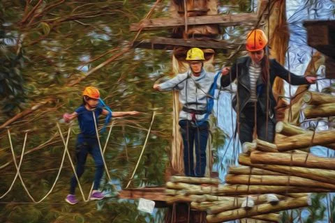 People practicing tree climbing in a forest Stock Illustration