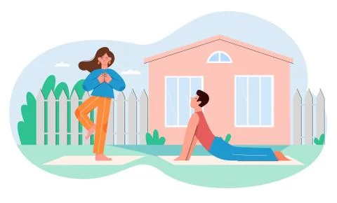 People practicing yoga activity flat vector illustration, cartoon young active Illustration