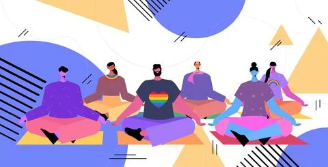 People practicing yoga exercise in lotus pose LGBT parade pride festival Illustrazione stock