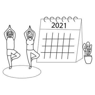 People practicing yoga in front of 2021 calendar with plant Stock Illustration