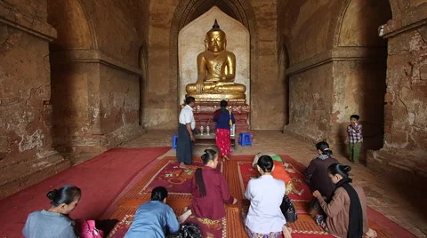 People Praying at Buddhist Temple in Bagan, Myanmar (Burma) Stock Footage