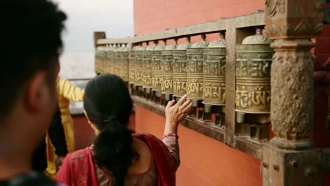 People Praying with Prayer Wheels at Monkey Temple in Kathmandu Nepal, Close Up Stock Footage 346165849