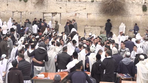 People praying on the wall, the Temple Mount, the Night Dome of the Rock Dome Stock Footage 124522693