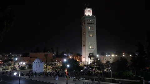 People prepare to pray out of Marrakech mosque during ramadam, Africa in 4K Stock Footage 93902016