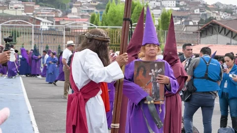 People preparing for Jesus del Gran Poder procession in Quito. Stock Footage 333485234