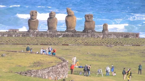 People preparing to view the 2010 eclipse on Easter Island with the Moai Stock Footage 113164248