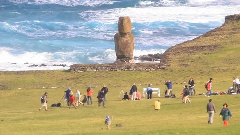People preparing to view the 2010 eclipse on Easter Island with the Moai Stock Footage 113164361