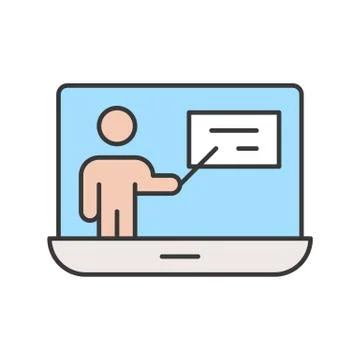 People presentation on computer screen, webinar concept, editable stroke outl Stock Illustration